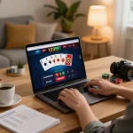 Gambling on 123bet casino platform with poker cards and chips at home.
