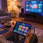 Player enjoying Fly88 online casino on tablet in cozy living room setting with snacks and ambient lighting
