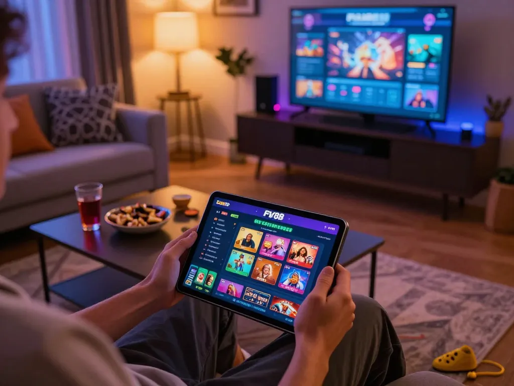 Player enjoying Fly88 online casino on tablet in cozy living room setting with snacks and ambient lighting