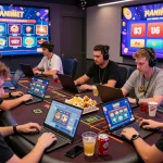 Friends enjoying a thrilling gaming experience at OPEN888 with vibrant visuals and snacks.