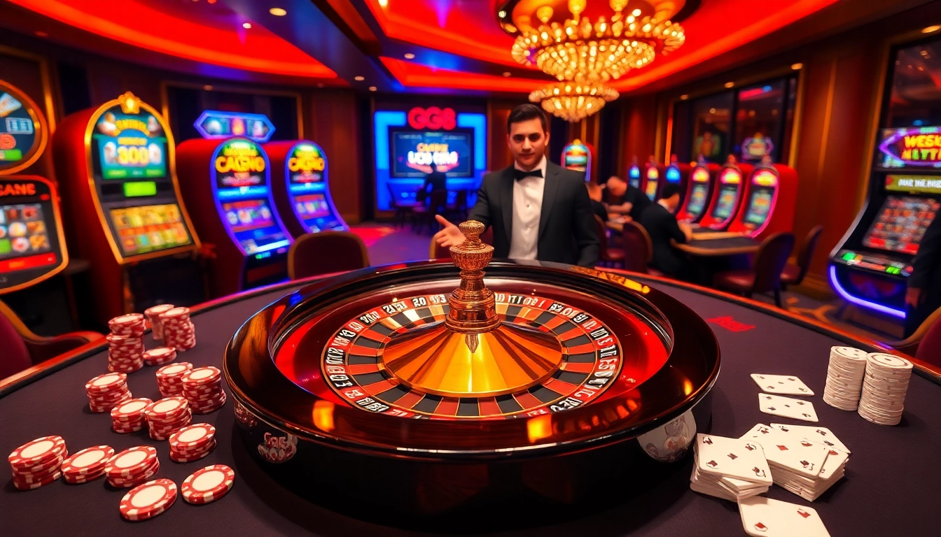 Engage with the exciting GG88 casino experience featuring a vibrant roulette wheel and poker chips.