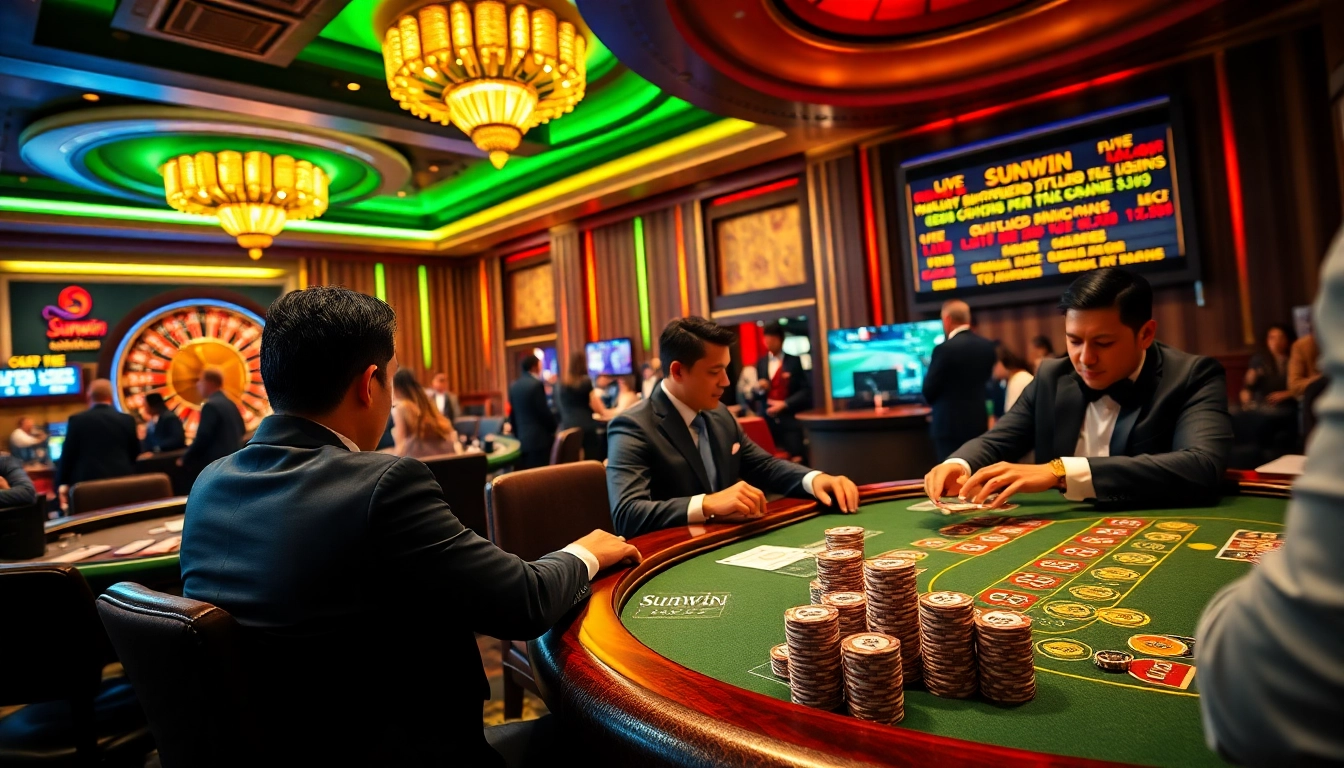 Players enjoying an exciting game at Sunwin's luxurious casino table.