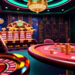 Iwin68 engaging digital casino scene with roulette wheel and poker tables showcasing luxury gambling experience.