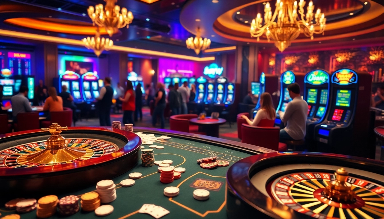 Intense poker action at 69vn casino with vibrant gaming machines and roulette wheel.