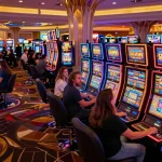 Players eagerly engaging with vibrant slot machines, showcasing excitement and casino atmosphere.