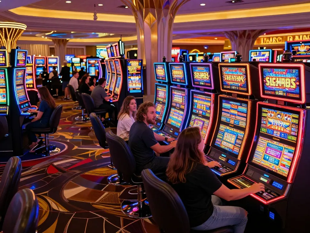 Players eagerly engaging with vibrant slot machines, showcasing excitement and casino atmosphere.