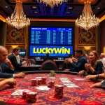 Engage with Luckywin at a high-stakes poker table, showcasing vibrant chips and an exciting atmosphere.