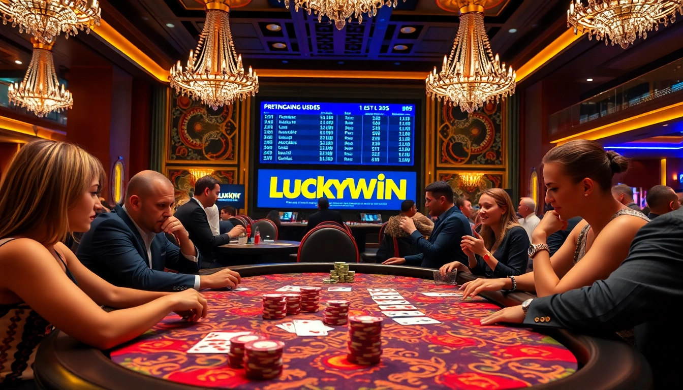 Engage with Luckywin at a high-stakes poker table, showcasing vibrant chips and an exciting atmosphere.