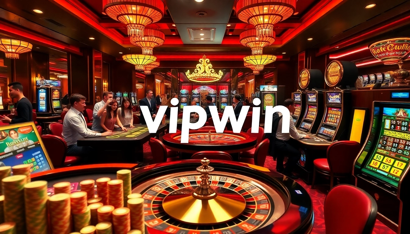 Excited players enjoying games at vipwin casino with poker tables, roulette wheels, and slot machines.