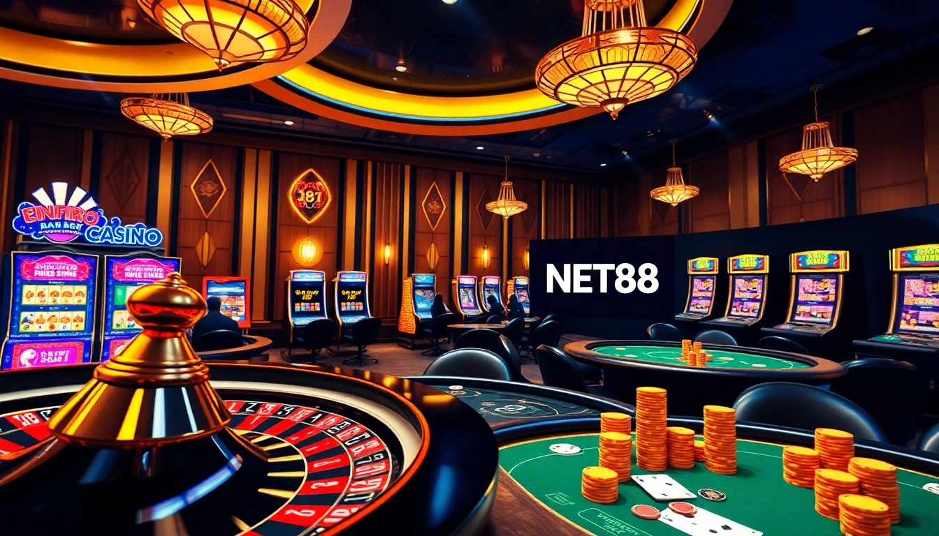 Experience luxury gaming with NET88's online casino, featuring vibrant slot machines and poker tables.