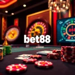 Bet88 logo displayed on a luxurious casino gaming table with vibrant cards and chips.