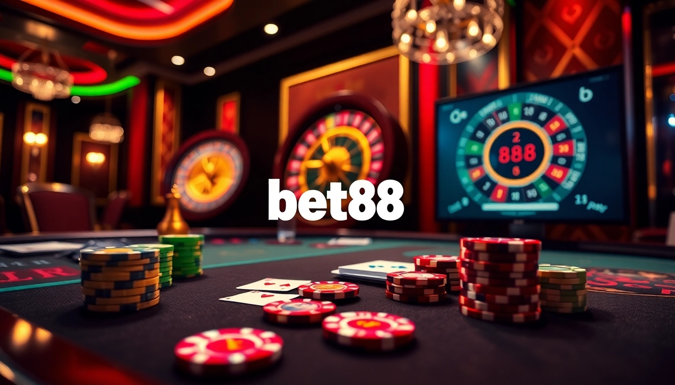 Bet88 logo displayed on a luxurious casino gaming table with vibrant cards and chips.