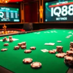 Experience the thrill of IQ88 with a vibrant modern casino scene showcasing poker action and roulette excitement.