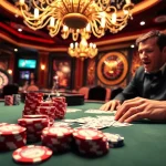 Engaged gambler enjoying a poker game at the luxurious OKFUN casino.