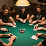 Engaged friends playing poker on https://gg88.cool/ with strategic focus and colorful chips.