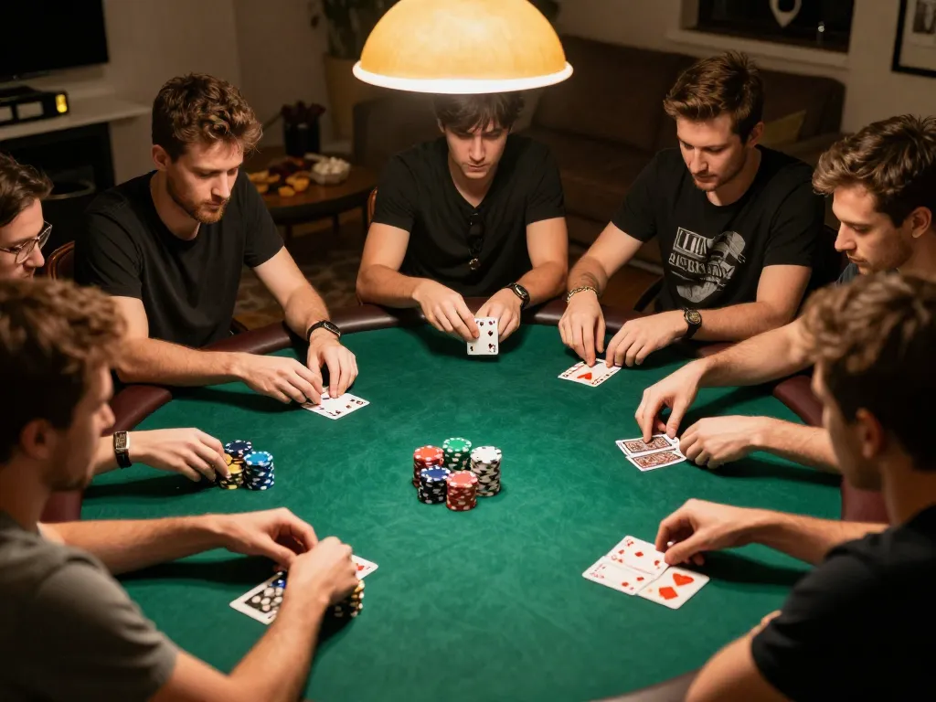 Engaged friends playing poker on https://gg88.cool/ with strategic focus and colorful chips.