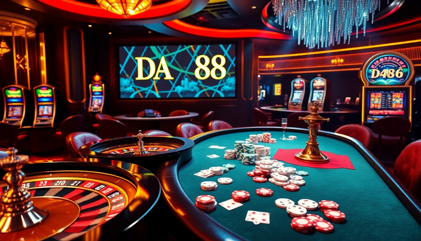 Engage with thrilling gameplay at the DA88 table, featuring colorful chips and cards in a luxury casino.