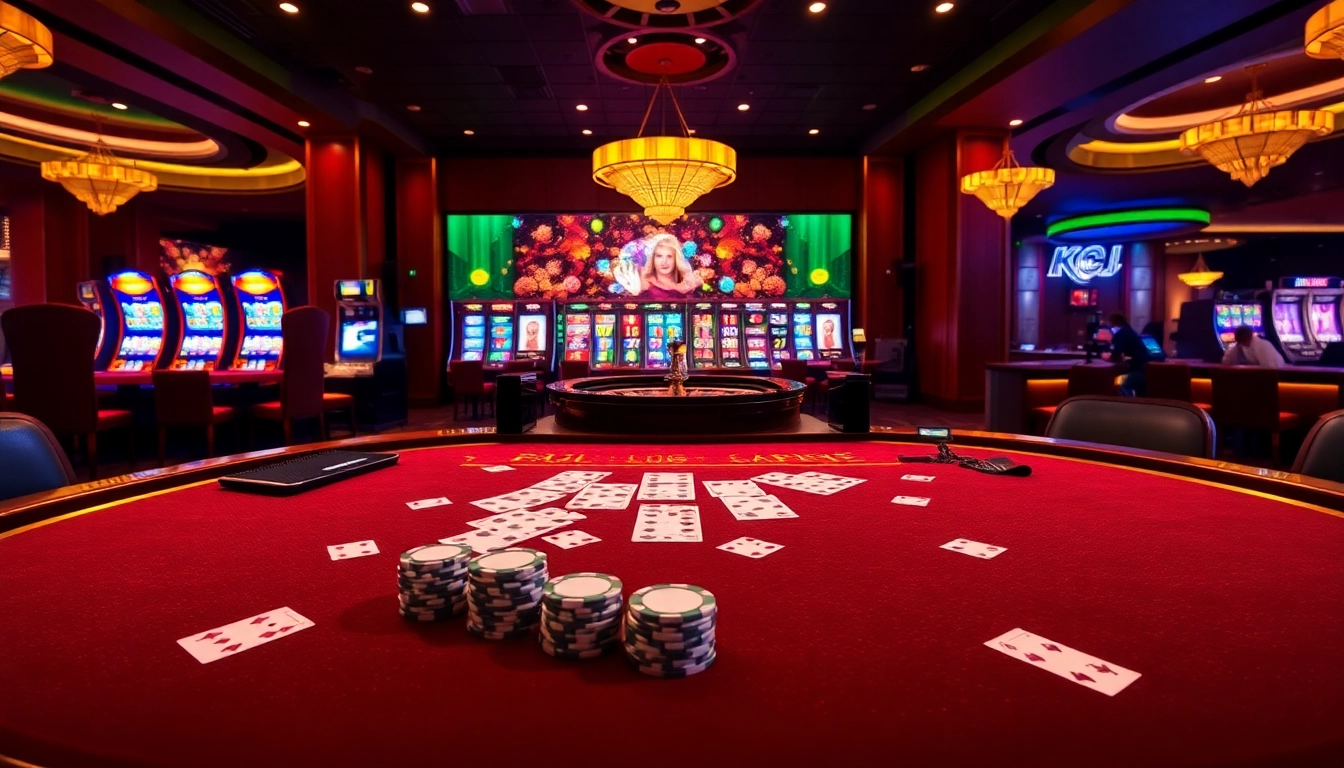 KJC engaging players at an elegant live dealer table, surrounded by vibrant slot machines and roulette wheels.