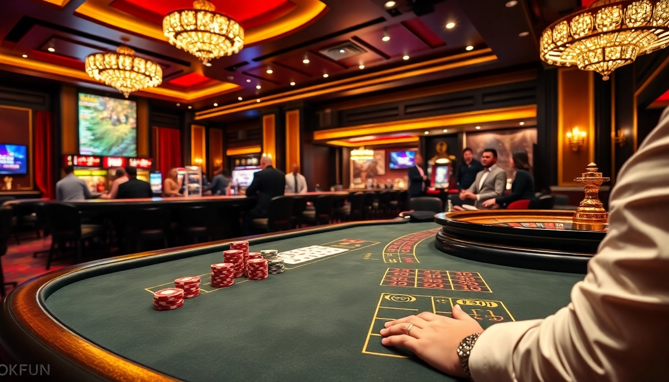 Players enjoying blackjack at okfun casino with colorful poker chips and a roulette wheel.