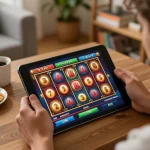 Engaging in an online slot game, showcasing vibrant reels and interactive gameplay on tablet.