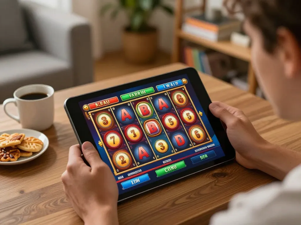Engaging in an online slot game, showcasing vibrant reels and interactive gameplay on tablet.