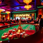 Experience the excitement of Sunwin at a vibrant casino gaming table with colorful poker chips and cards.