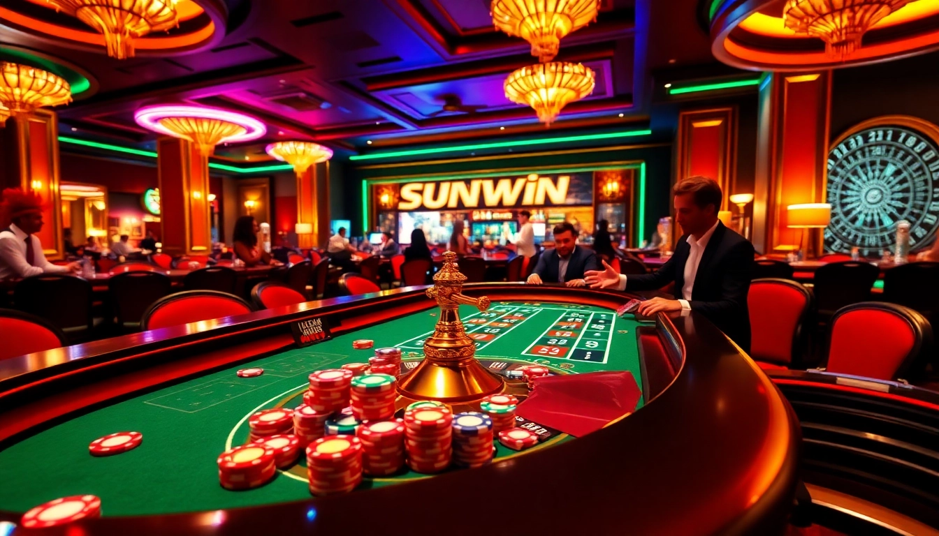 Experience the excitement of Sunwin at a vibrant casino gaming table with colorful poker chips and cards.