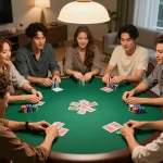 Playing poker with friends in a cozy setting at 789club, colorful chips and cards creating an exciting atmosphere.