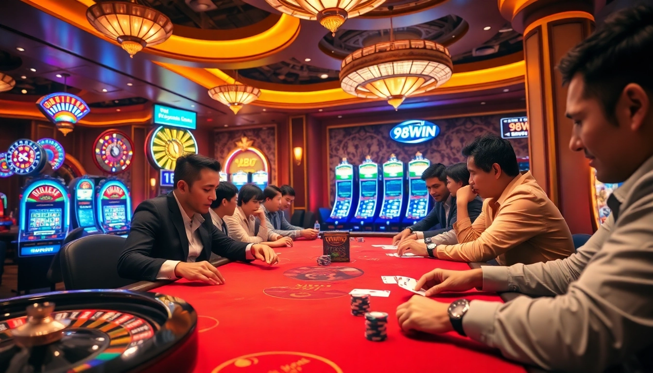 Players at the 98WIN casino table experience the thrill of high-stakes poker while managing their bets.