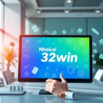 Nhà cái 32win interface showcasing gaming icons in a modern office setting