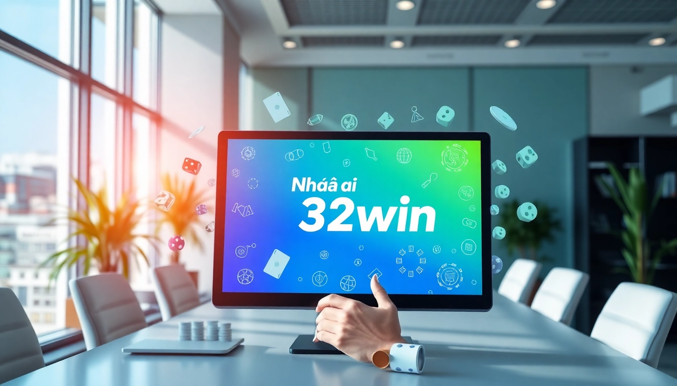 Nhà cái 32win interface showcasing gaming icons in a modern office setting