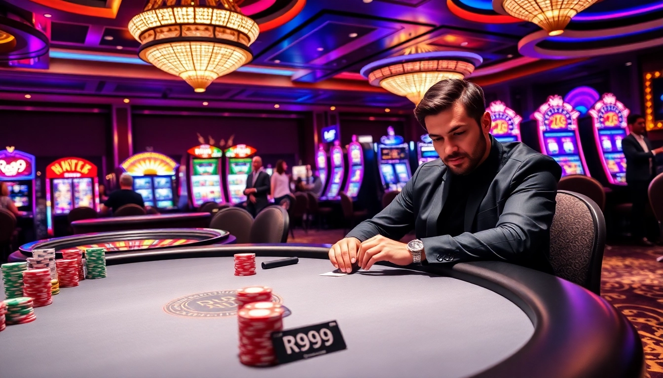 Excited players revel in the rr99 casino, showcasing vibrant slot machines and sleek poker tables.