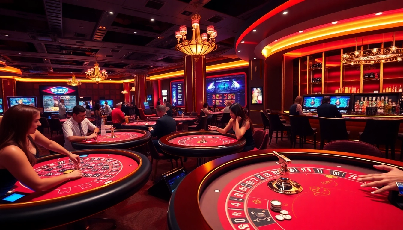 88clb casino scene depicting engaging players at vibrant gaming tables with friendly dealers.