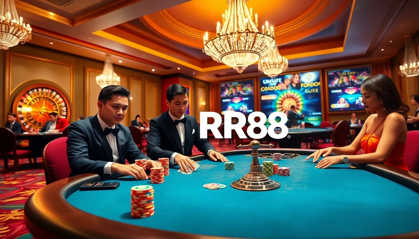 Players enjoying a thrilling game at RR88 casino, featuring vibrant poker chips and a roulette wheel.