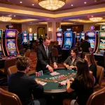 Players enjoying a lively game at Sun Win Casino with colorful slot machines, creating an exciting atmosphere.