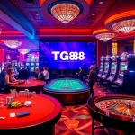 Exciting gambling action at TG88 with poker chips, cards, and slot machines lighting up the casino.