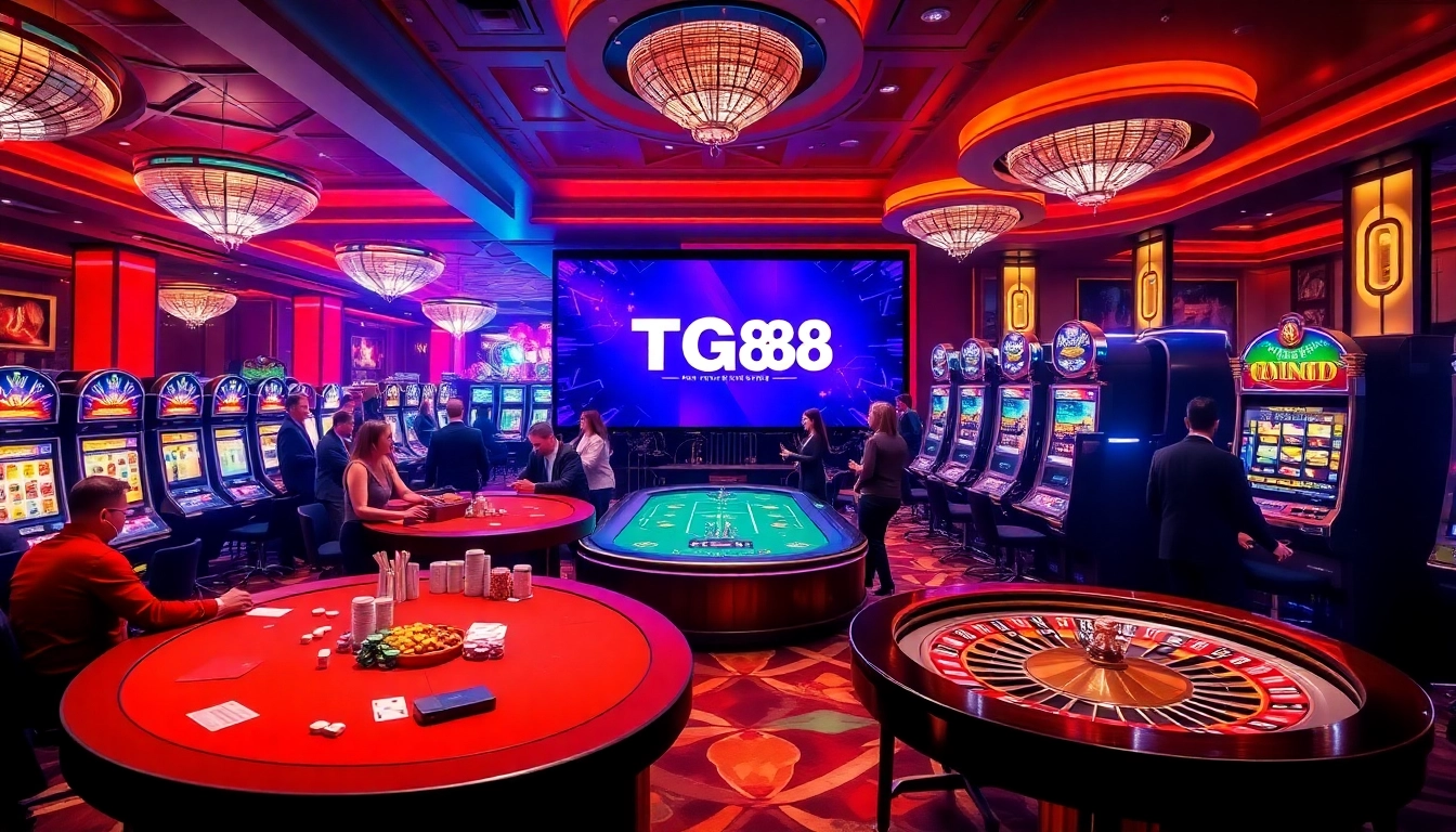 Exciting gambling action at TG88 with poker chips, cards, and slot machines lighting up the casino.