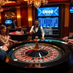 Excited players placing bets at the U888 roulette table in a luxurious casino.