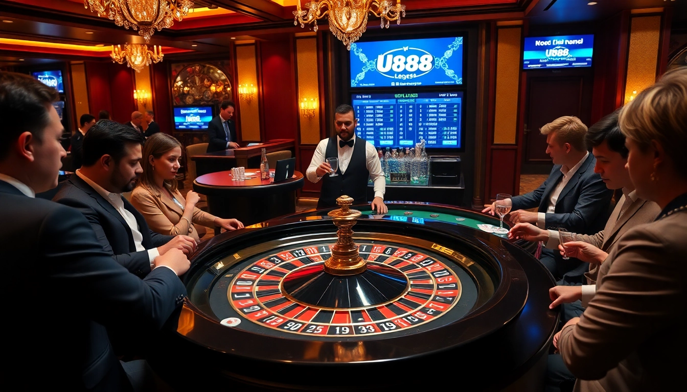 Excited players placing bets at the U888 roulette table in a luxurious casino.