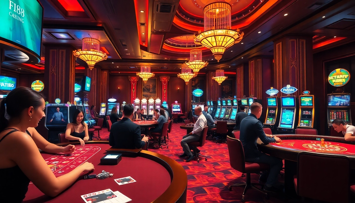 Gamblers enjoying the thrilling casino experience at F168 with vibrant tables and engaging games.