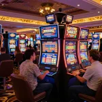 Players engaged with slot machines in a vibrant casino setting, showcasing lively gameplay and neon atmosphere