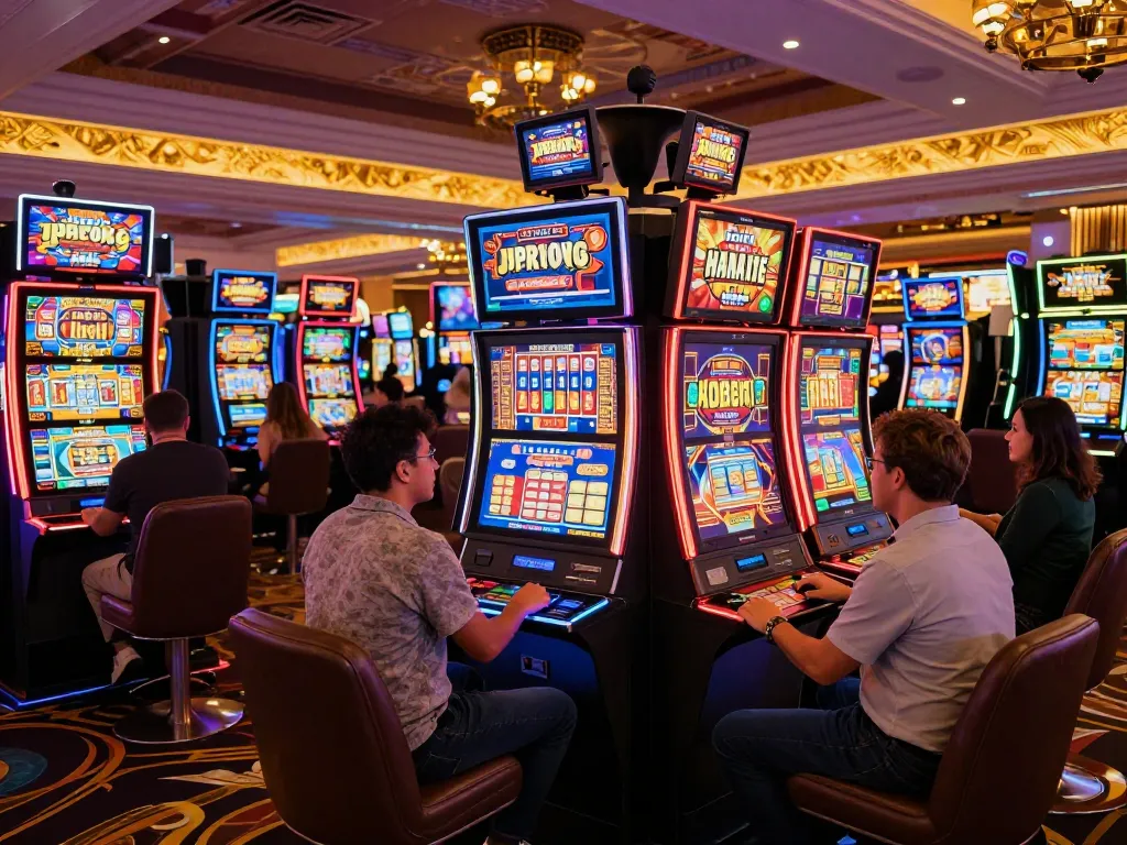 Players engaged with slot machines in a vibrant casino setting, showcasing lively gameplay and neon atmosphere