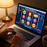 Player enjoying RR88 online slot game on a laptop at a cozy home desk