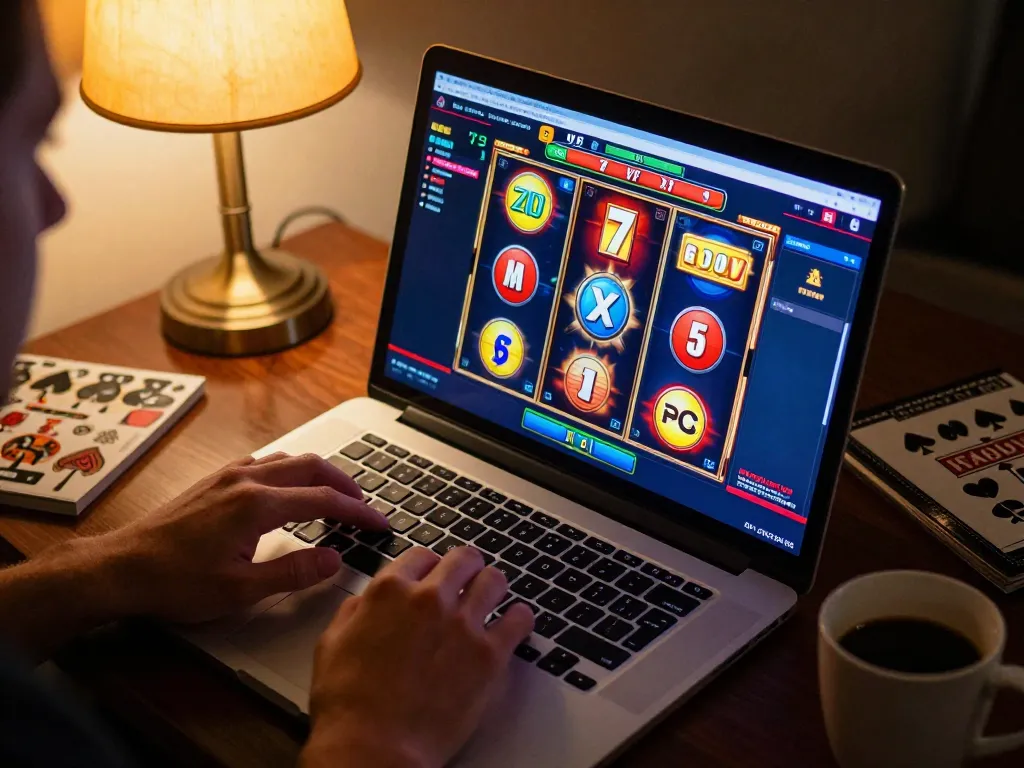 Player enjoying RR88 online slot game on a laptop at a cozy home desk