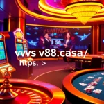 A vibrant online casino environment featuring https://v88.casa/ with poker tables, roulette wheel, and animated slot machines.