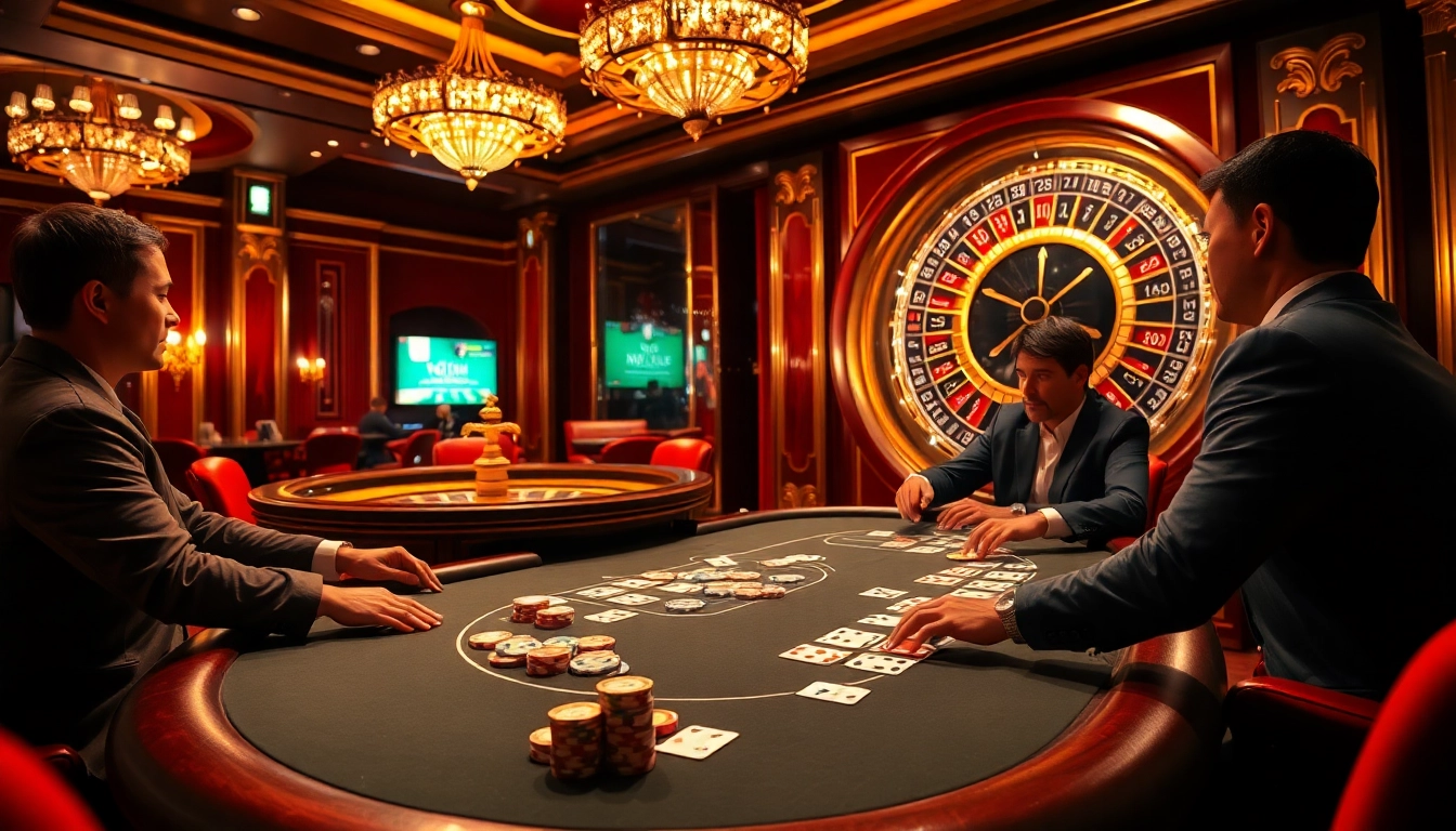 Experience thrilling gameplay at topclub's upscale casino with vibrant poker tables and roulette wheels.