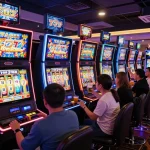 Players engaging with dynamic slot777 machines in a buzzing casino atmosphere, showcasing excitement and the thrill of gameplay.