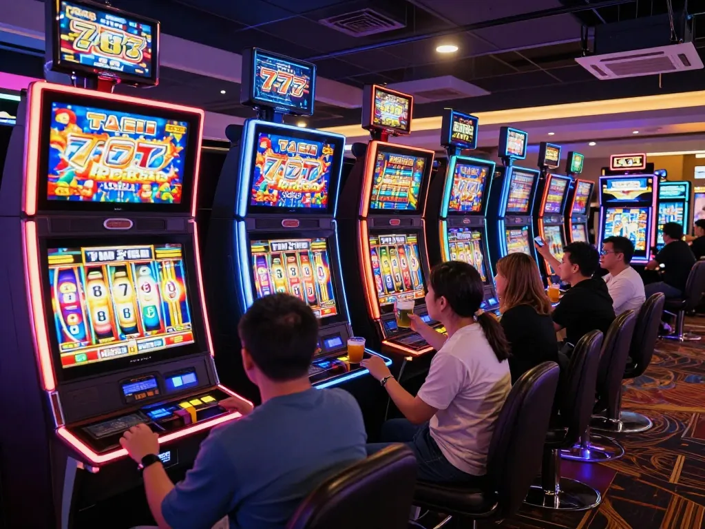 Players engaging with dynamic slot777 machines in a buzzing casino atmosphere, showcasing excitement and the thrill of gameplay.