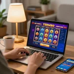 Engaging in online gaming with slot terbaru interface displaying colorful reels during a cozy home session.