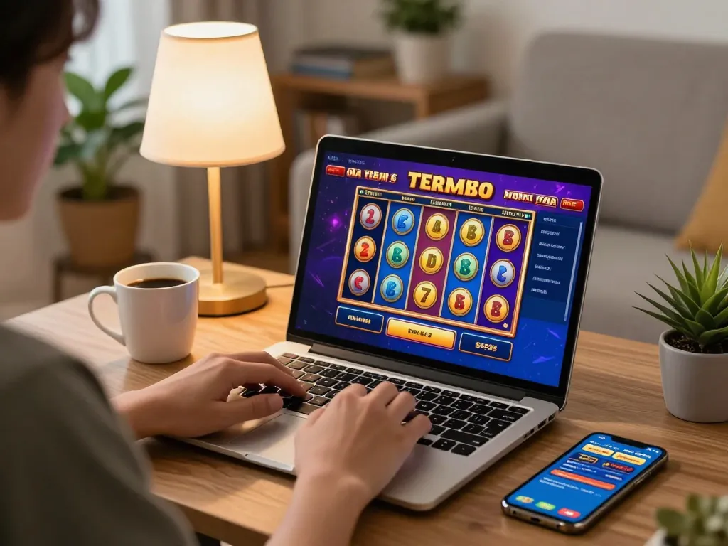 Engaging in online gaming with slot terbaru interface displaying colorful reels during a cozy home session.